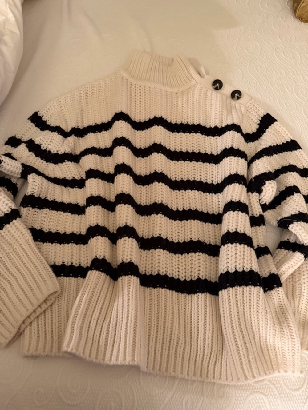 Zara Cream and Black Striped Turtleneck Sweater with Shoulder Buttons
